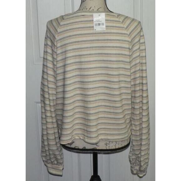 Lush Women's Striped Balloon Sleeve Cropped Sweatshirt In Mustard/Navy Large $42 - Picture 4 of 5
